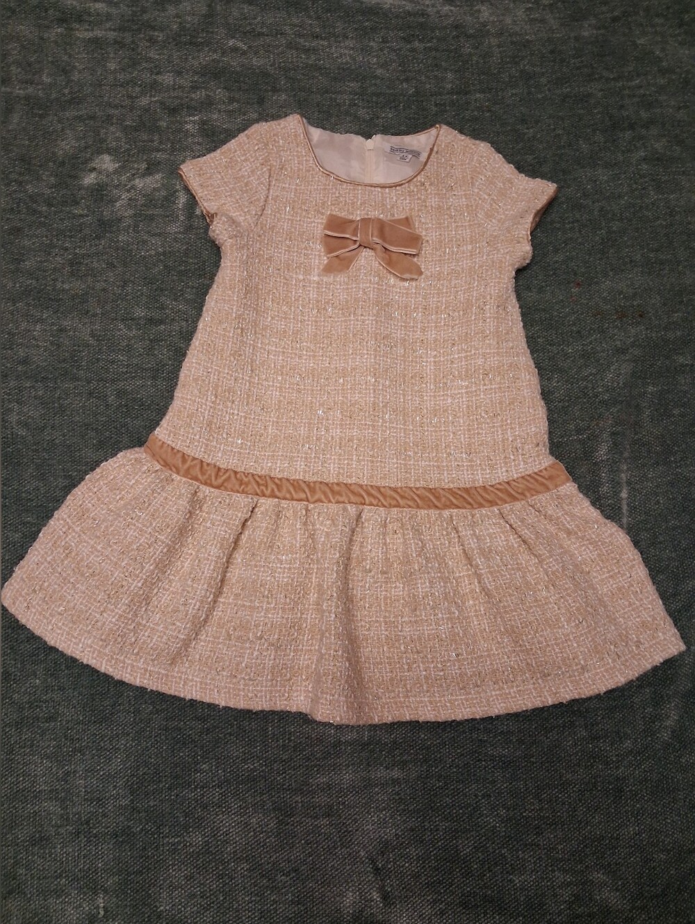 Girls Cream Tweed Dress with Satin Bow